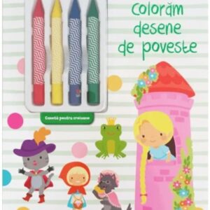 Coloram desene de poveste. Carte de colorat cu 4 creioane cerate